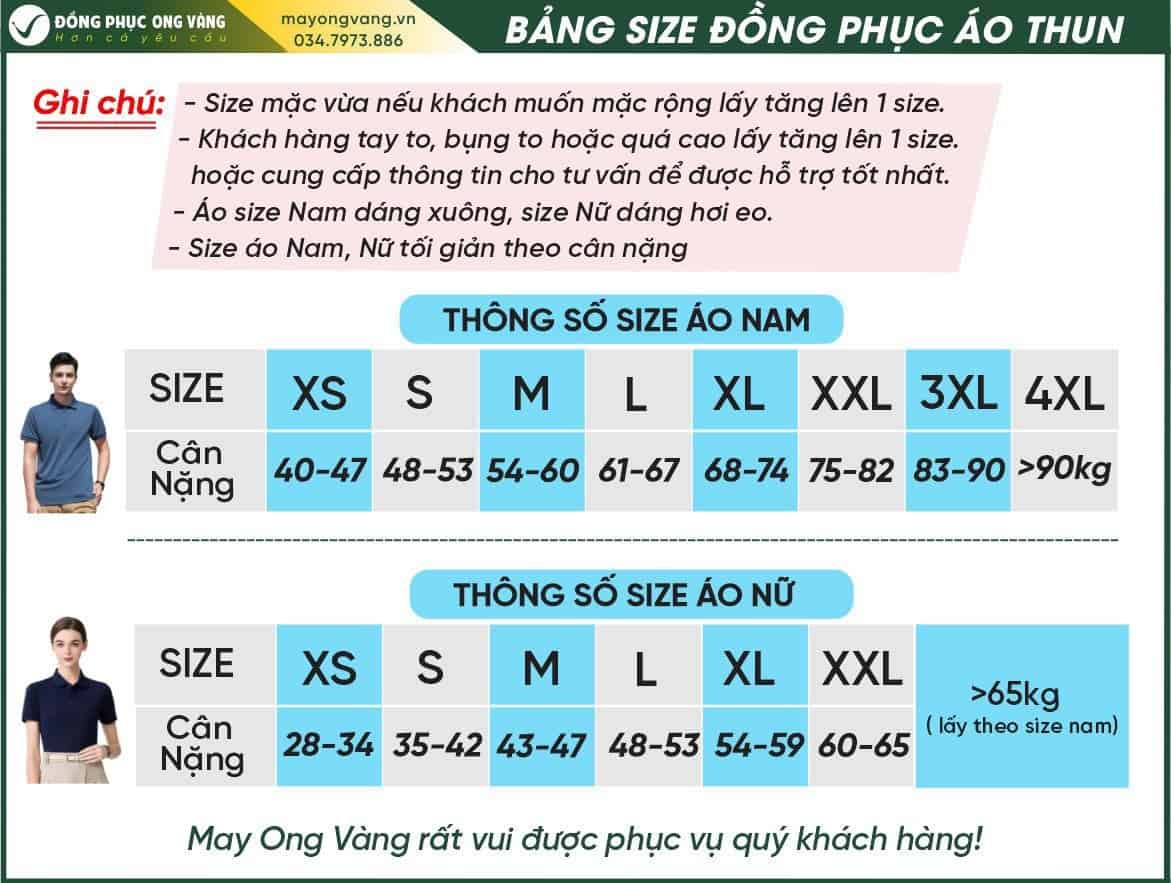 Bảng size kích thước mẫu áo nhà hàng