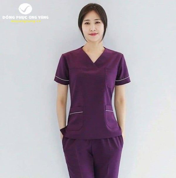 Đồng phục spa nữ phong cách Hàn Quốc chiết eo màu tím Huế 